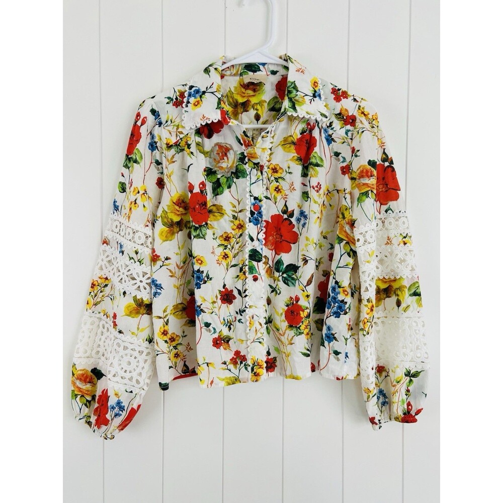 Elie Tahari Beautiful Botanical Balloon & Lace Sleeve Cottagecore Blouse Small